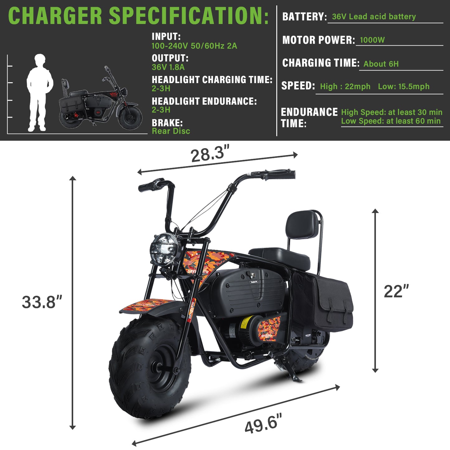 Oryxearth Powered Motorcycle Mini Bike for Kids, 36V Battery,1000W Motor Electric Dirt Bike, Camo