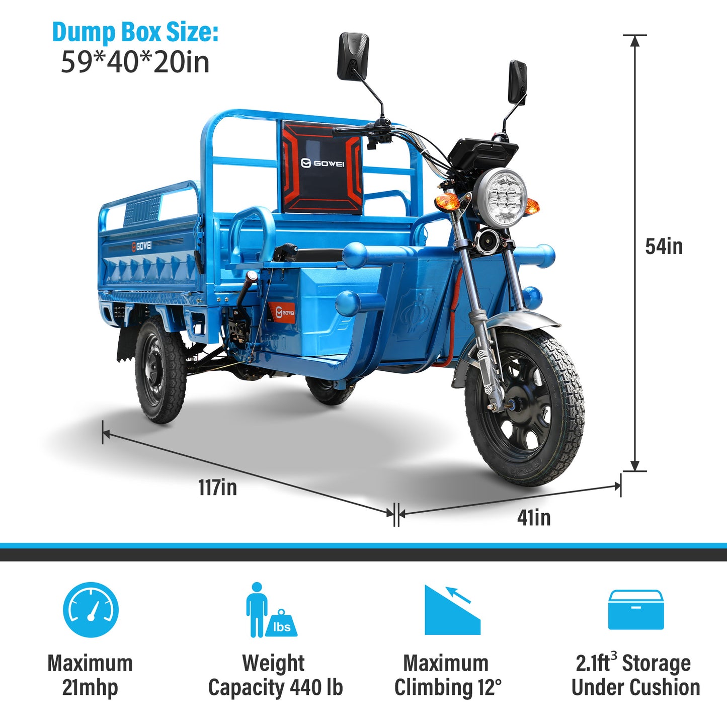 Oryxearth 1000W 60V 3-Wheel Electric Vehicle,Up to 21 Mph Electric Minibike,Weight Support Up to 440 LBS