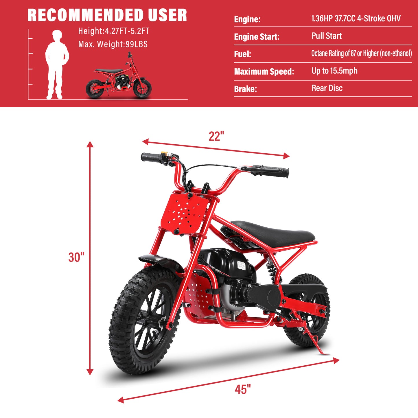 Oryxearth 37.7CC 4-Stroke Kids Dirt Bike, Handmade Gasoline Powered Battle-damaged Mini Dirt Bike, Automatic Transmission and Pull Start for Kids