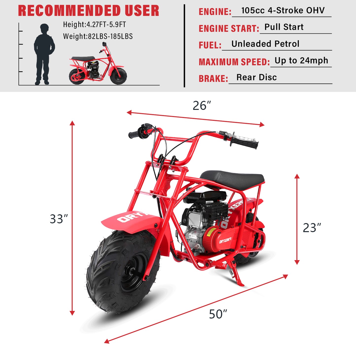 ORYXEARTH 105cc 4-Stroke Ride on Toys, Mini Bike for Kids Motorcycle, Gas Power Dirt Bike,Red